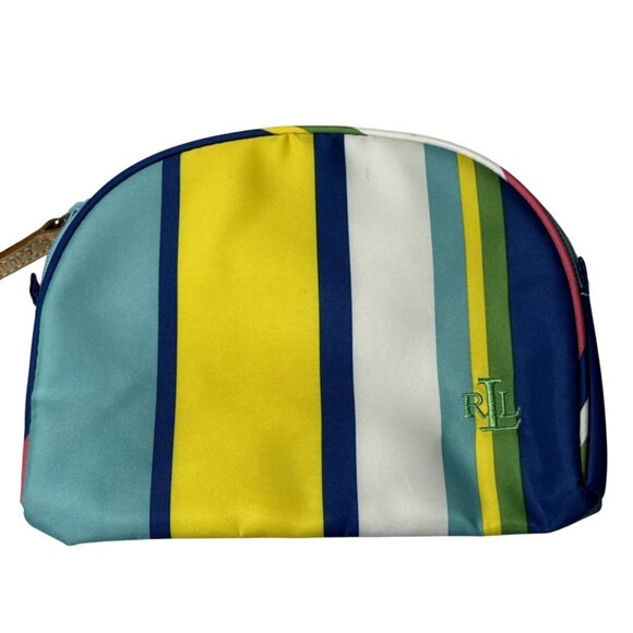 Lauren Ralph Lauren Striped Cosmetic Pouch W/Zipper Closure & Leather Pull - Picture 1 of 9